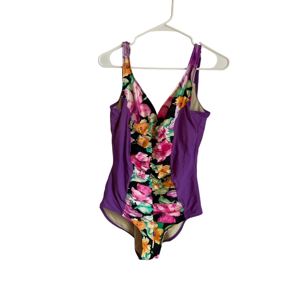 The Slimsuit Vintage One Piece Swimsuit Floral Purple Ruched V-Neck No sizing